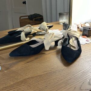 The Row Suede Colorblock Pattern Kitten Heels Mules